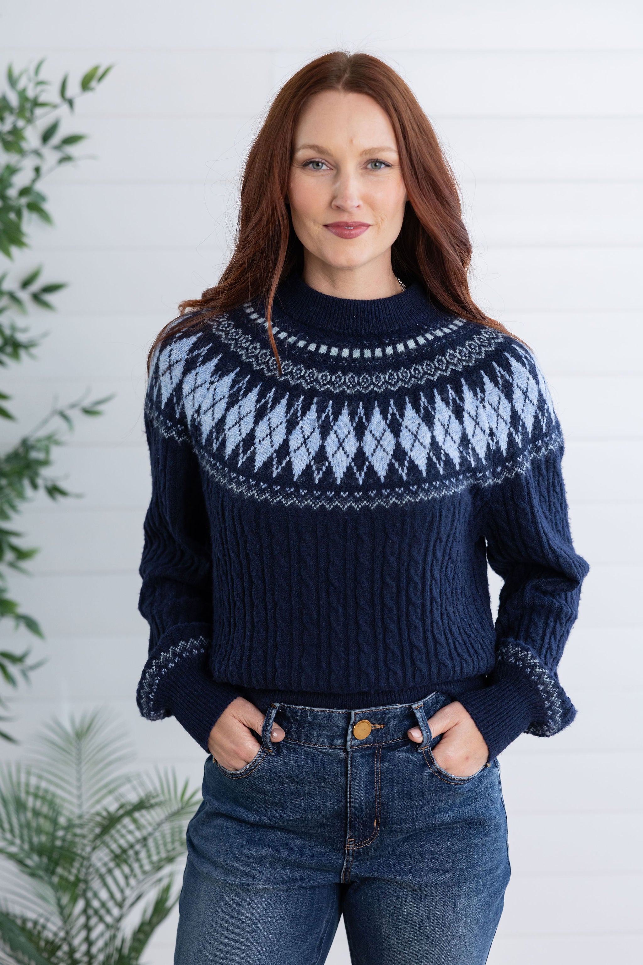 Round Neck Fair Isle Argyle Sweater with Blouson Sleeves
