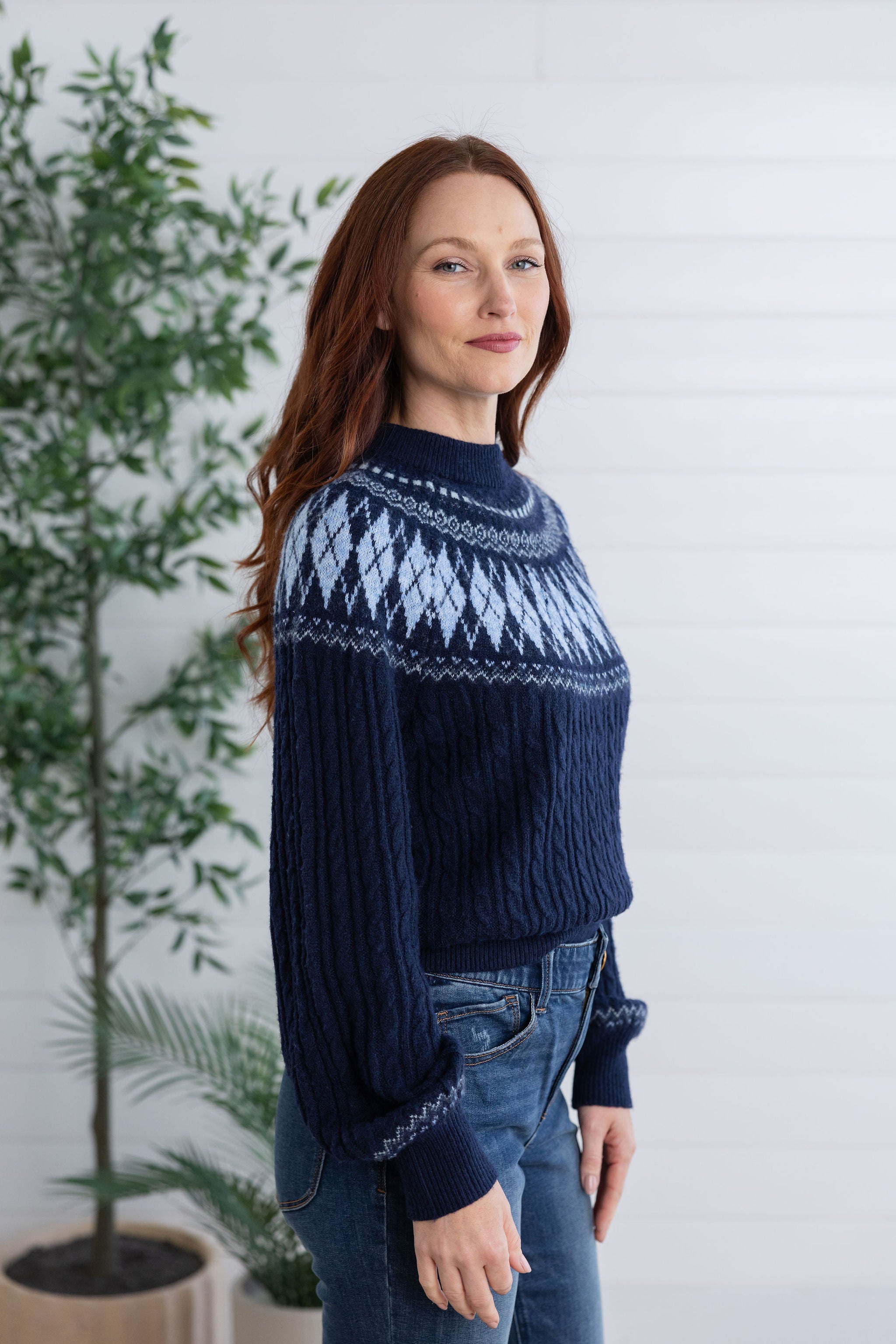 Round Neck Fair Isle Argyle Sweater with Blouson Sleeves