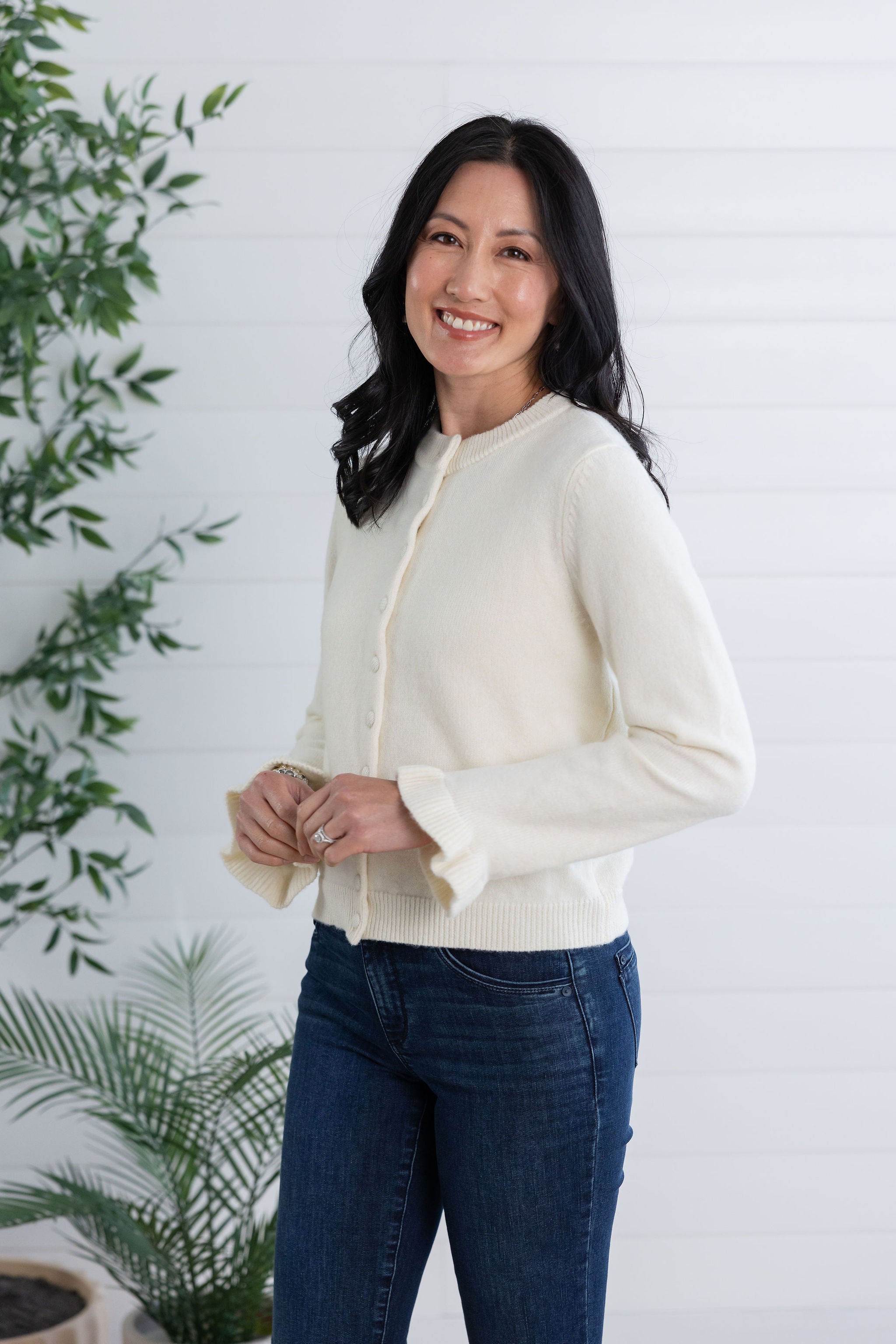 Mac and Me Button Front Knit Cardigan with Ruffle Cuff