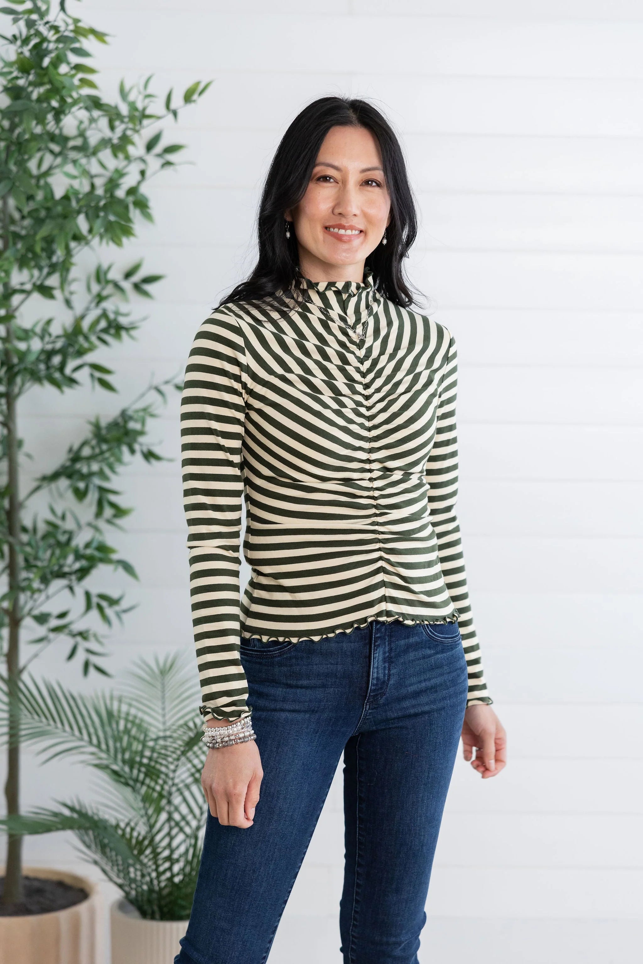 Mac and Me Striped Ruched Long Sleeve Top