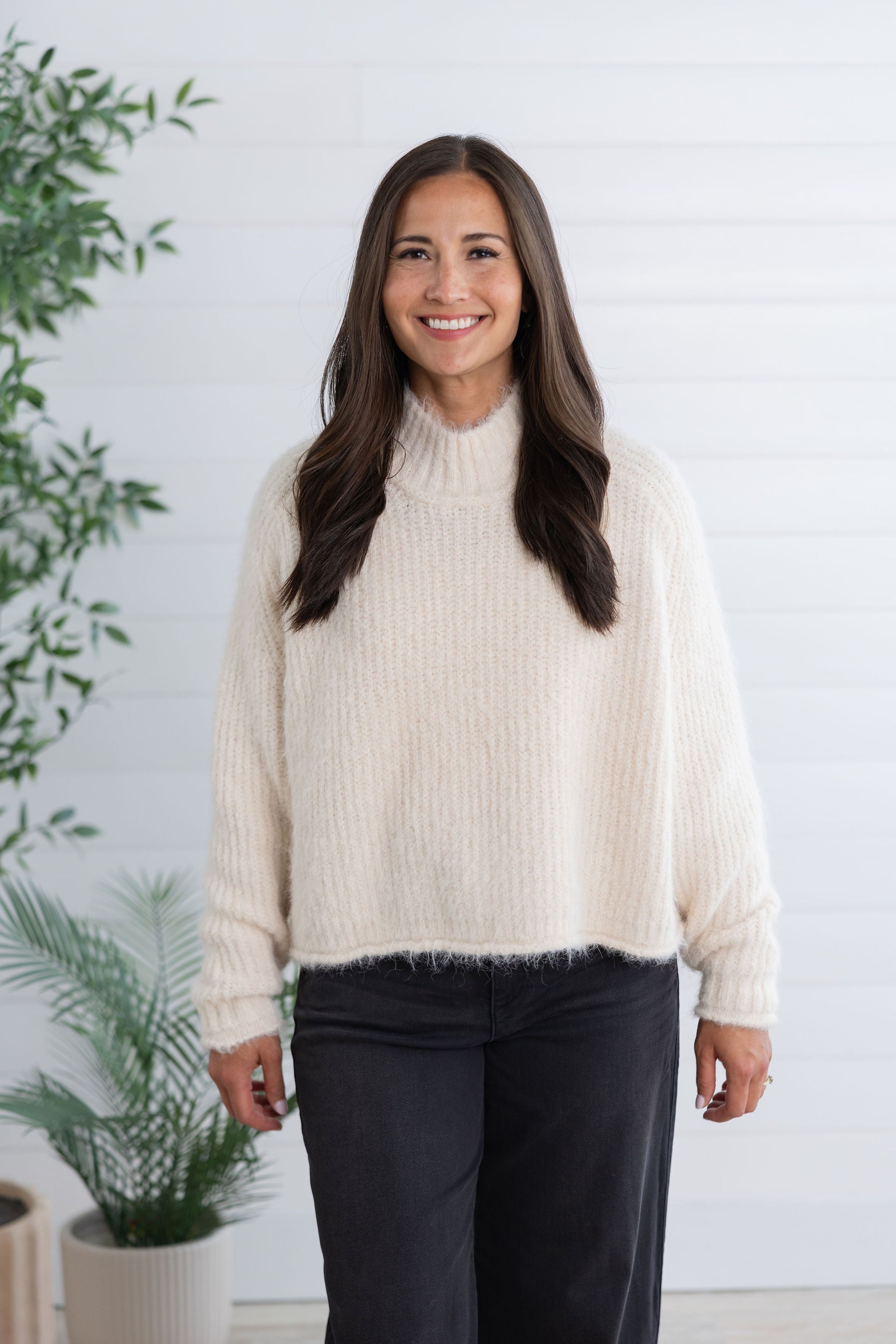 Mac and Me Boxy Fuzzy Knit Mock Neck Sweater