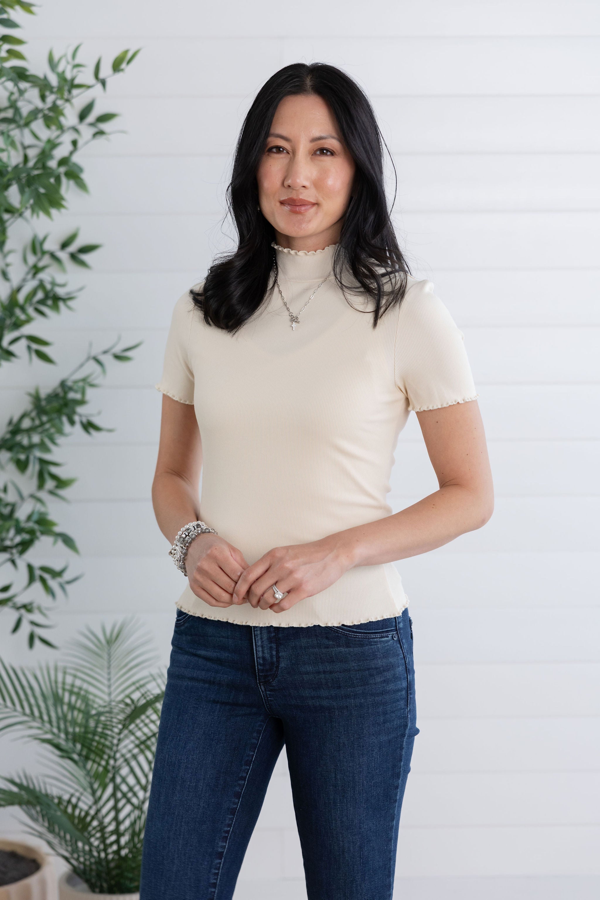 Mac and Me Short Sleeve Mock Neck Top with Lettuce Edge