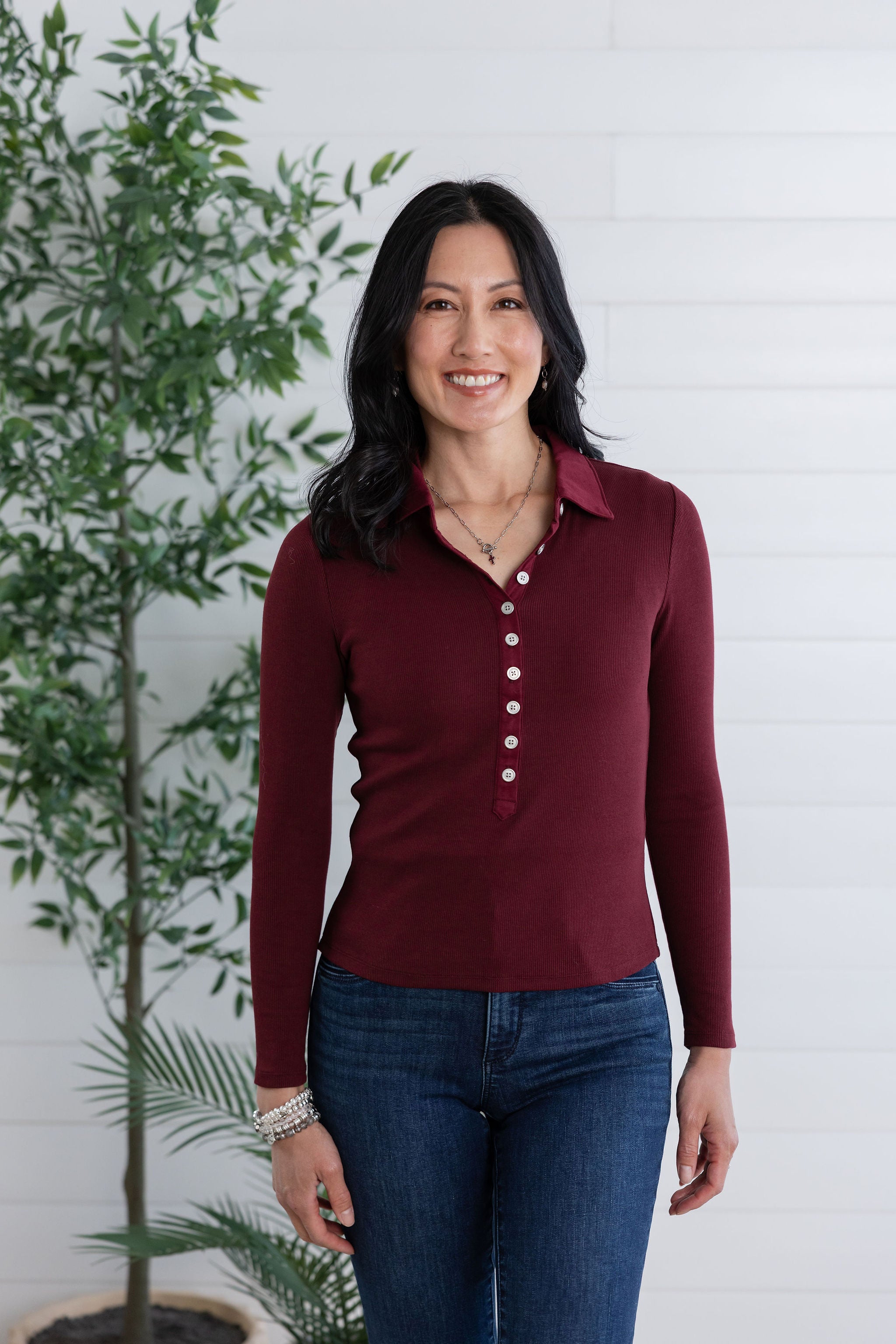 Mac and Me Single Rib Henley Top with Collar