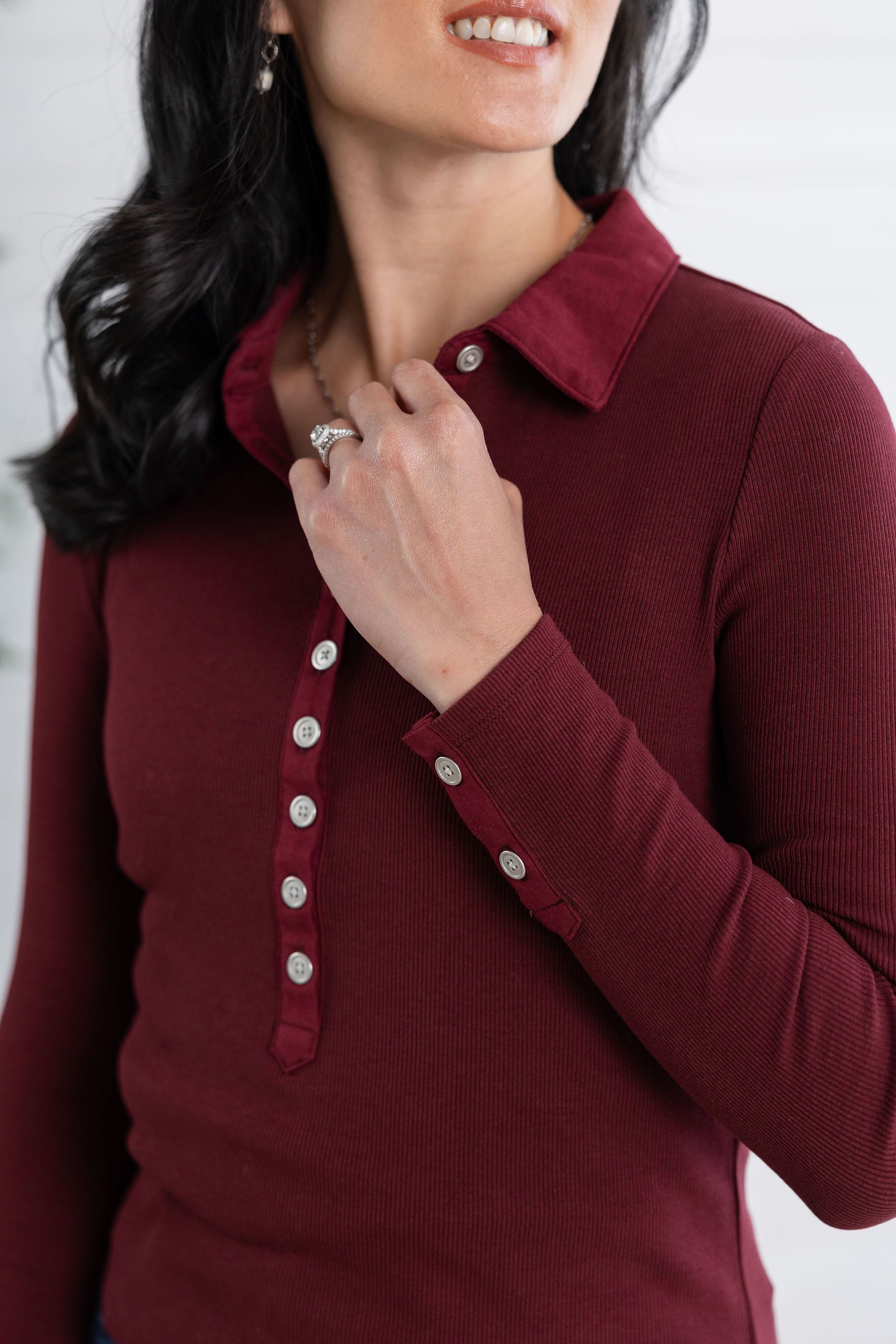Mac and Me Single Rib Henley Top with Collar