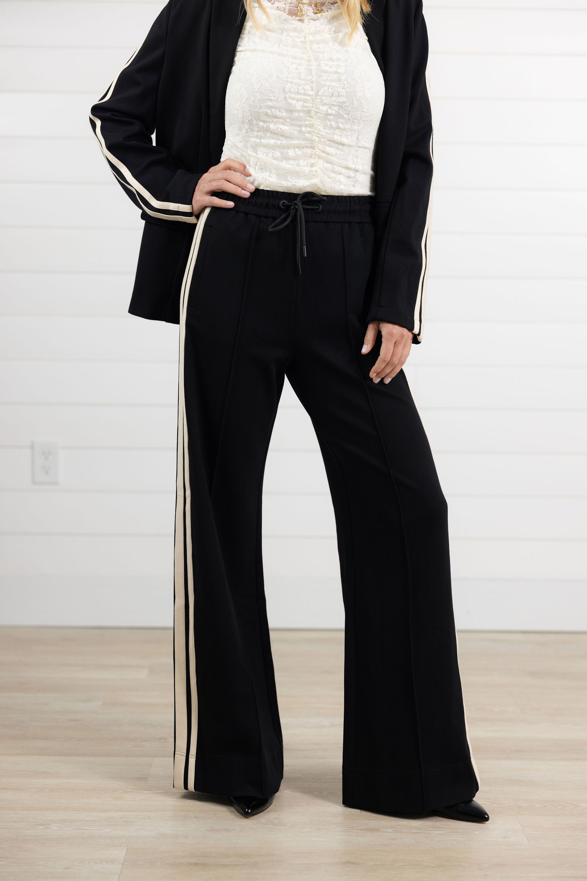 *FINAL SALE* Tie Waist Track Pant with Front Seam and Side Stripes