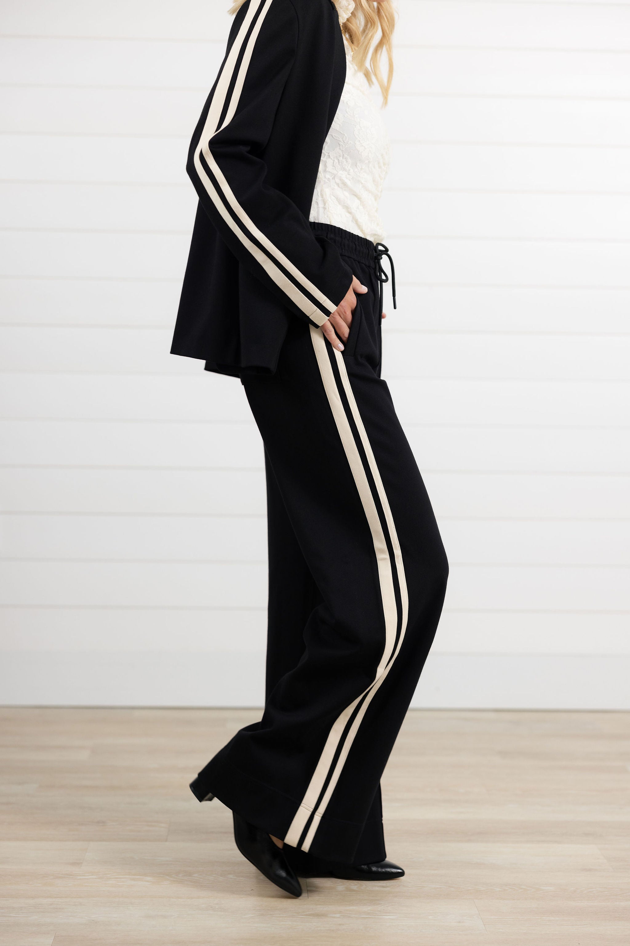 *FINAL SALE* Tie Waist Track Pant with Front Seam and Side Stripes