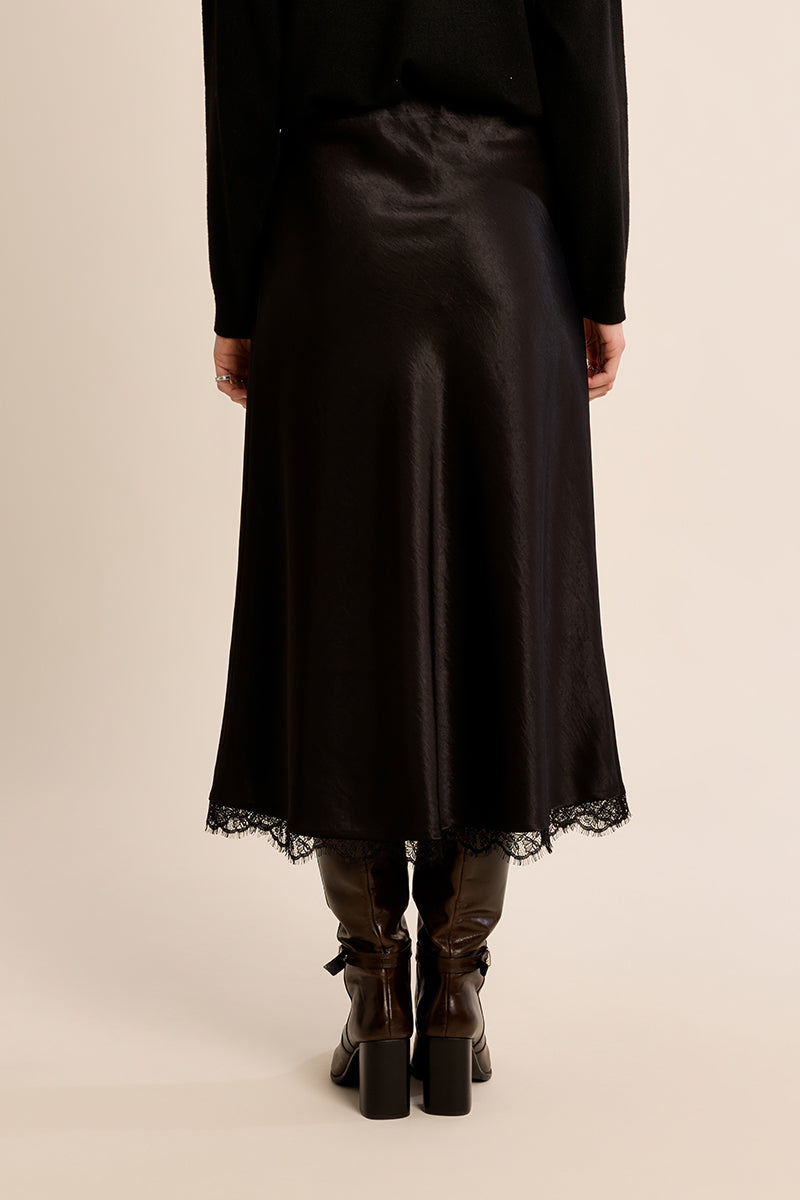 Satin Maxi Skirt with Lace Trimming