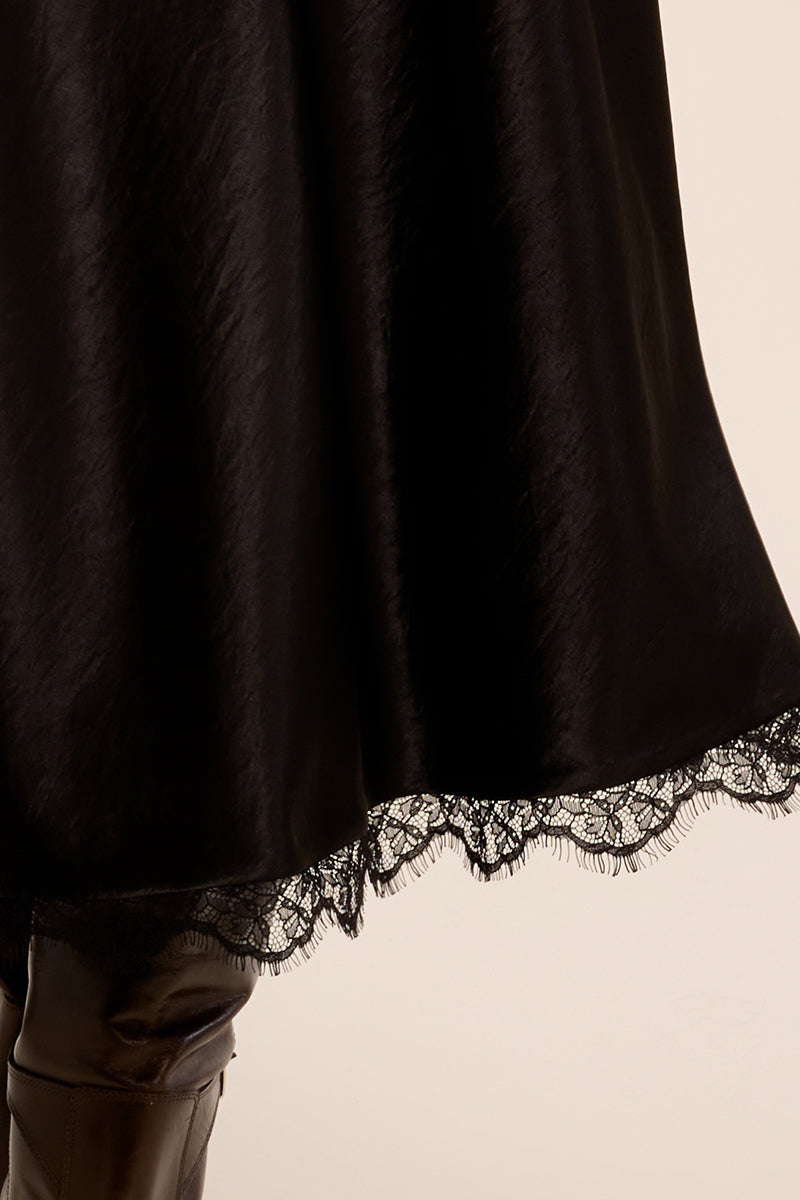 Satin Maxi Skirt with Lace Trimming