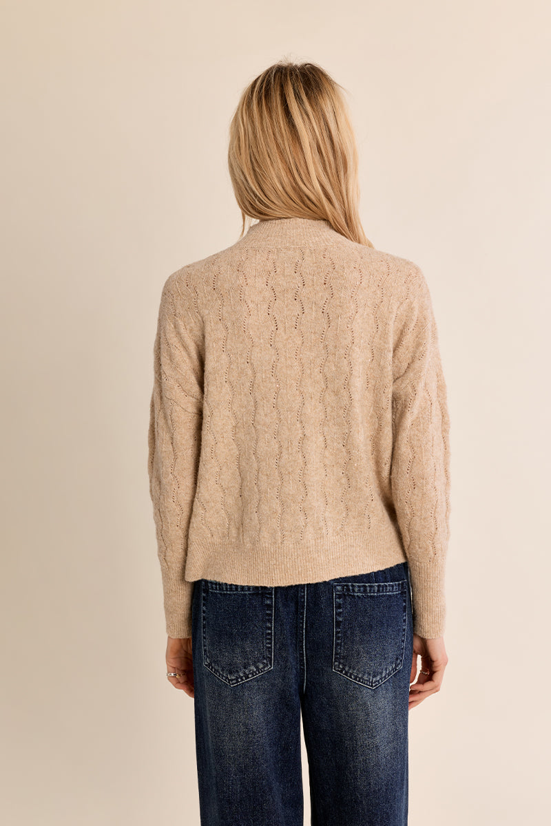 Mock Neck Knit Sweater with Gold Threading