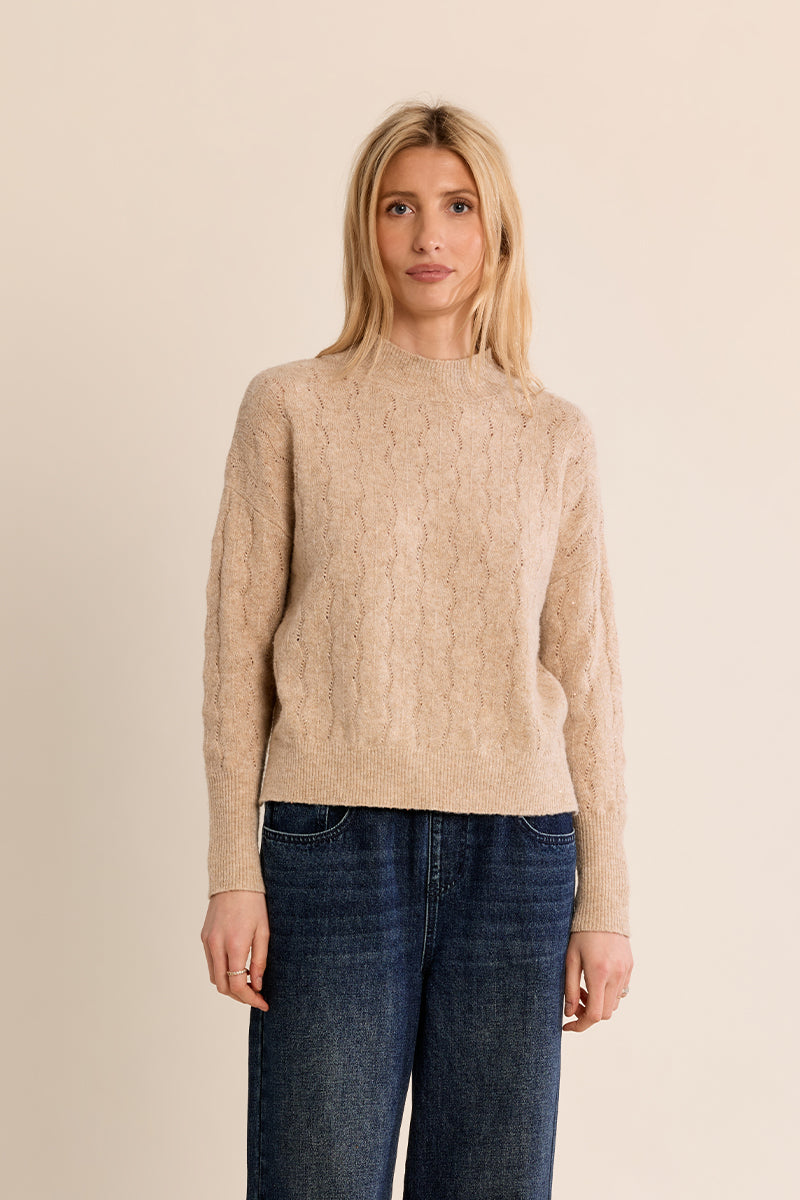 Mock Neck Knit Sweater with Gold Threading