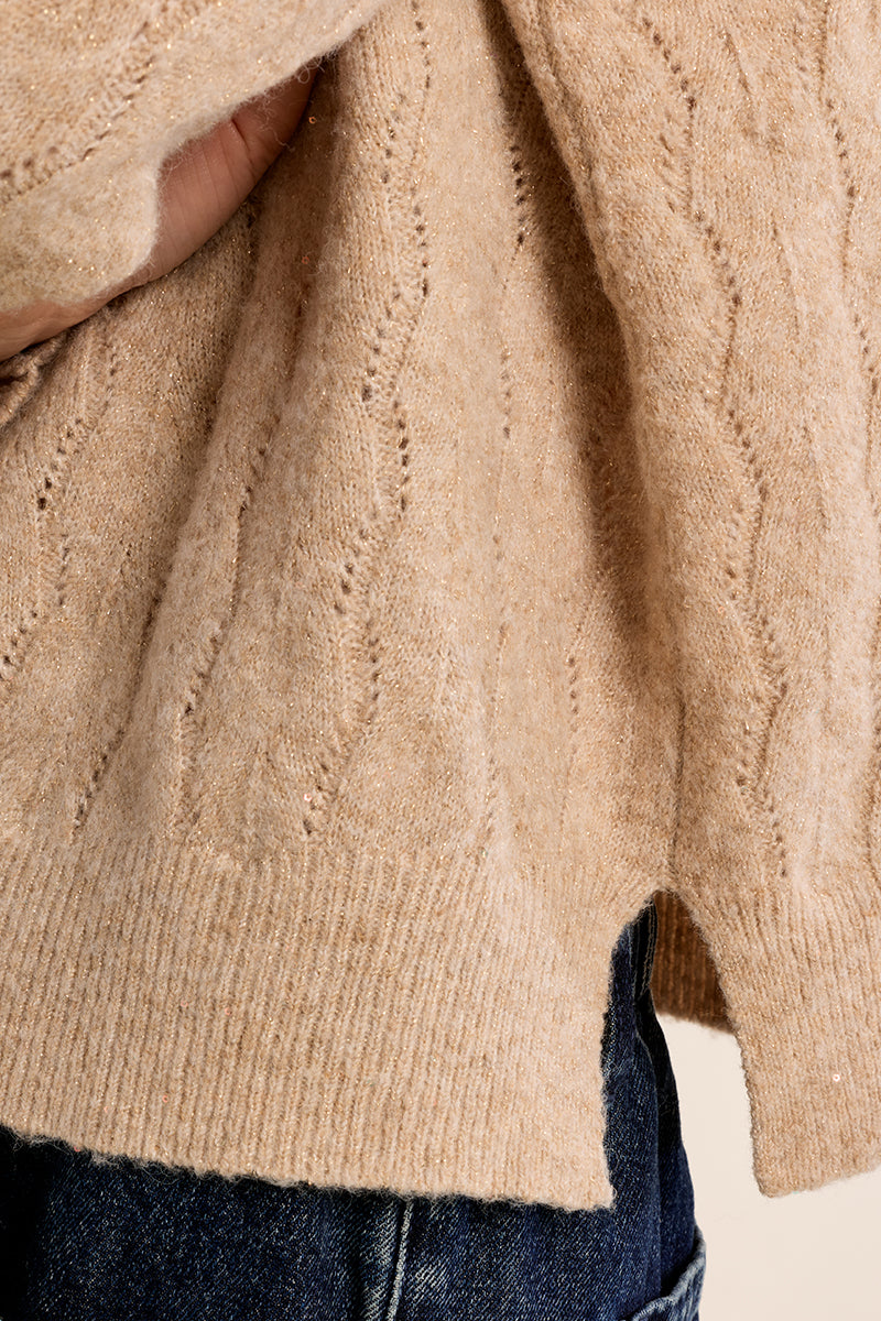Mock Neck Knit Sweater with Gold Threading
