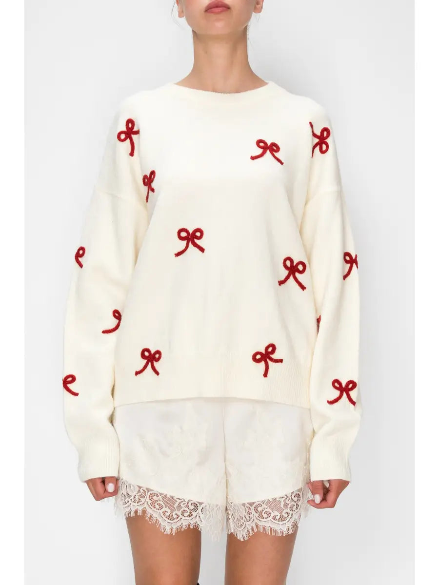 Bow Embroidered Crew Neck Sweater