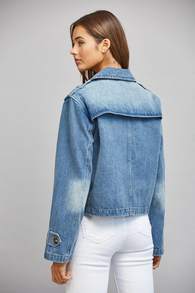 Cotton Double Breasted Crop Denim Jacket