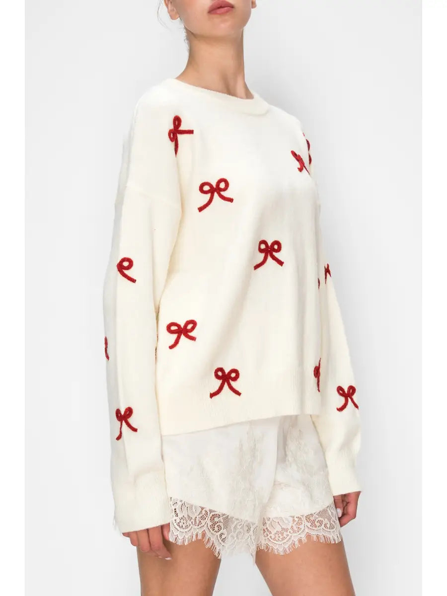 Bow Embroidered Crew Neck Sweater