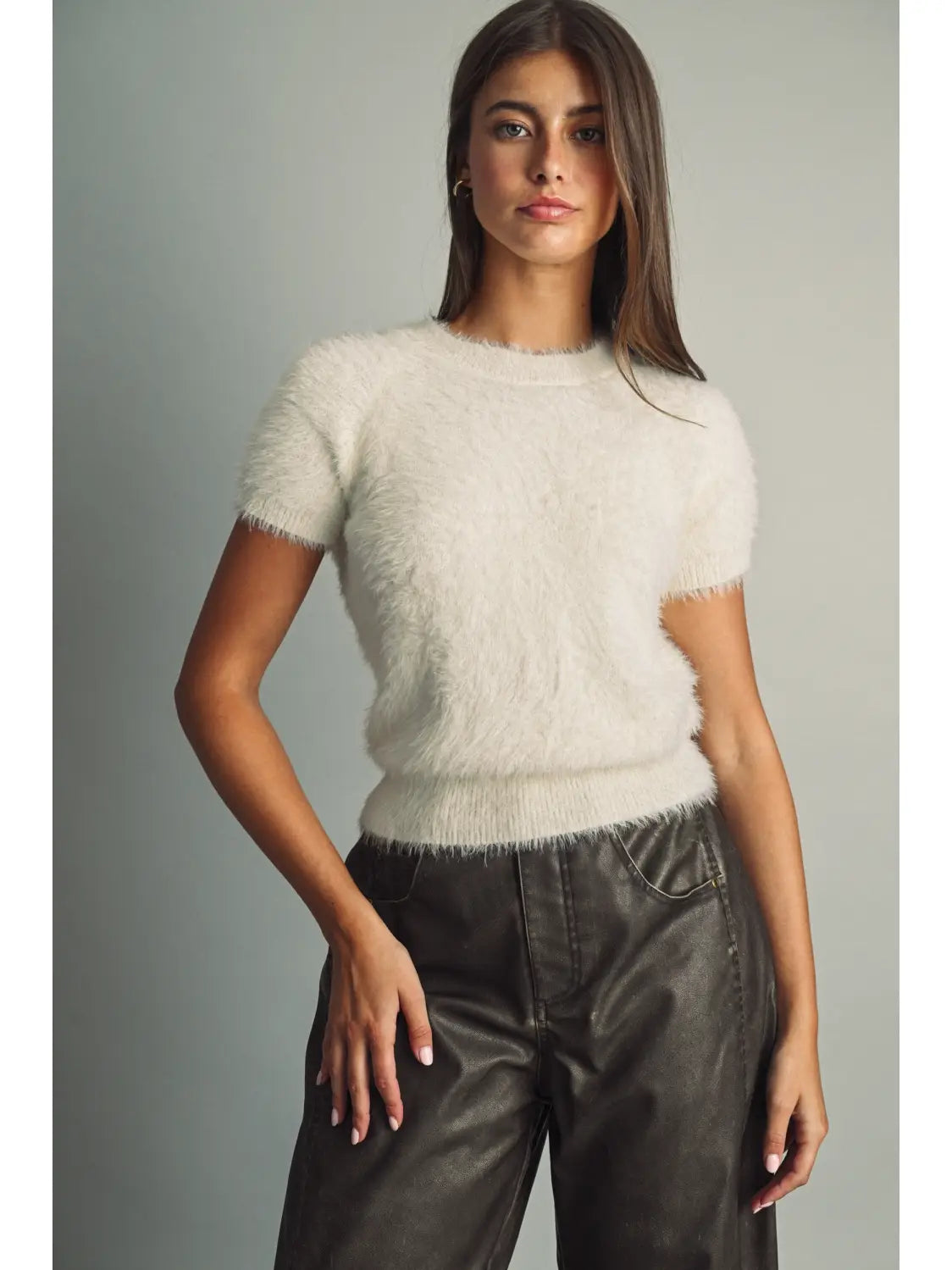 High-Pile Faux-Fur Half-Sleeve Sweater