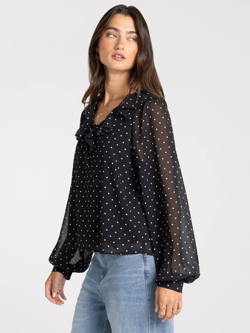 Ruffle Neckline Polka Dot Blouse