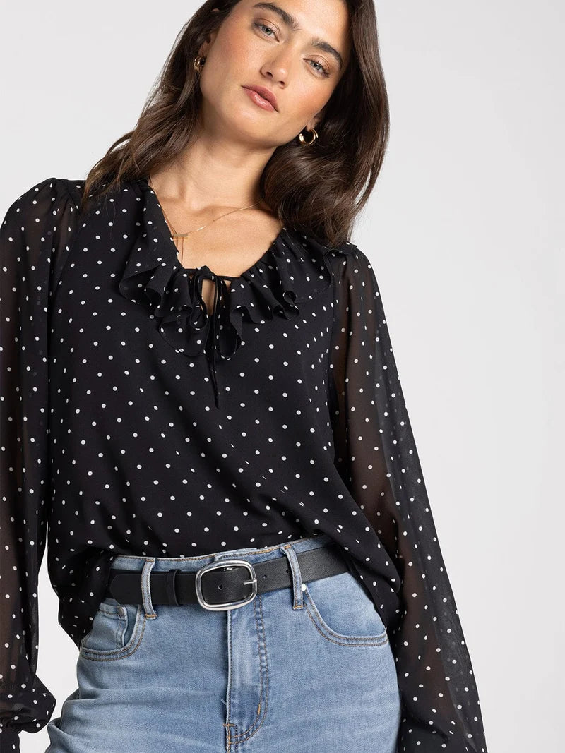 Ruffle Neckline Polka Dot Blouse