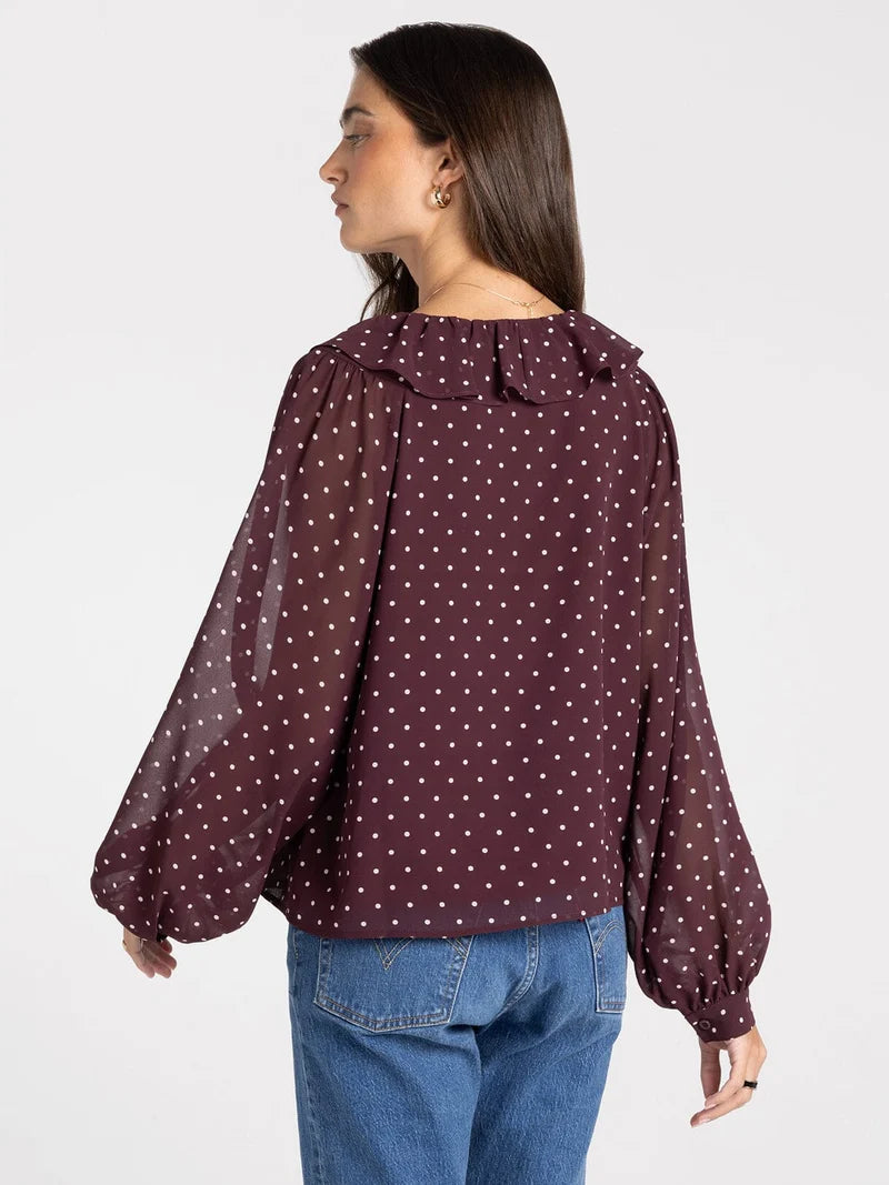 Ruffle Neckline Polka Dot Blouse