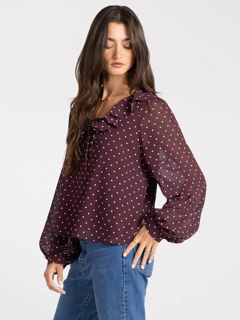 Ruffle Neckline Polka Dot Blouse