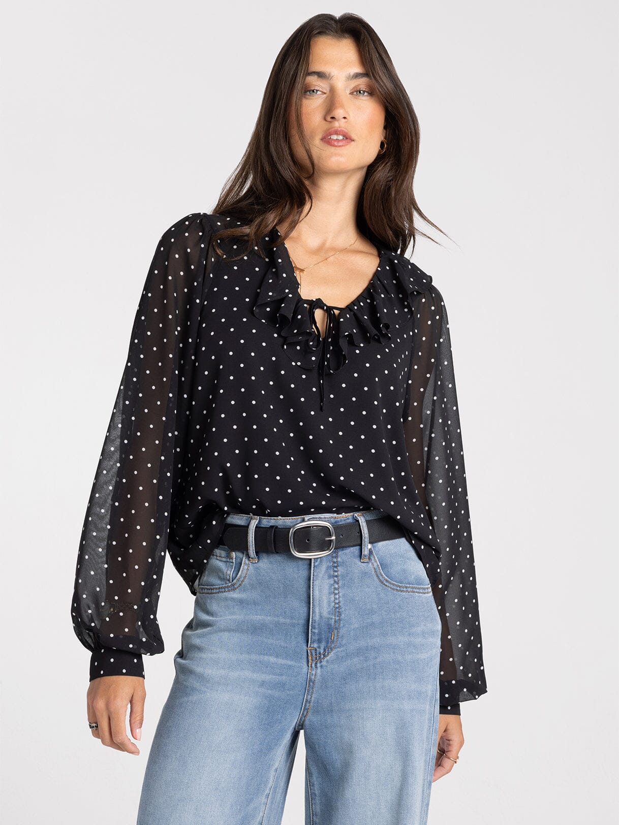 Ruffle Neckline Polka Dot Blouse