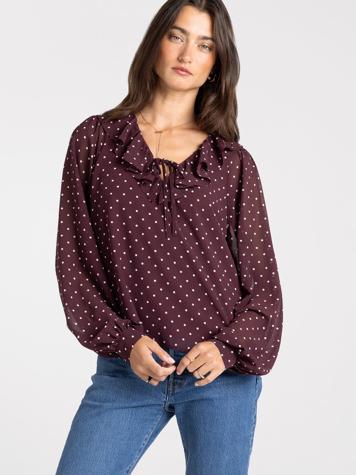 Ruffle Neckline Polka Dot Blouse