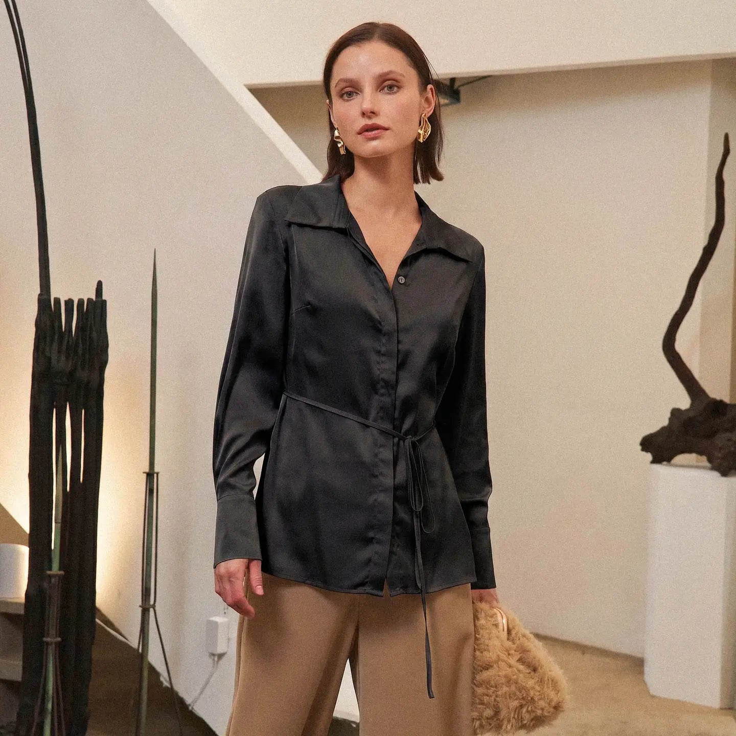 Satin Tie Waist Long Sleeve Blouse