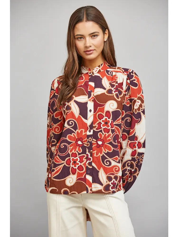 Abstract Floral Print Stand-Up Collar Button Down Top