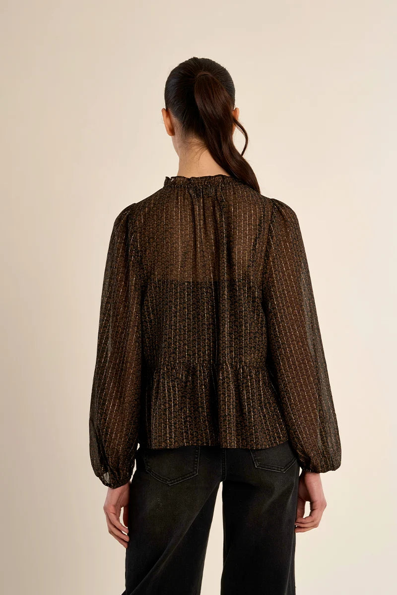 Semi-Sheer Ruffled Blouse with Tie Neck