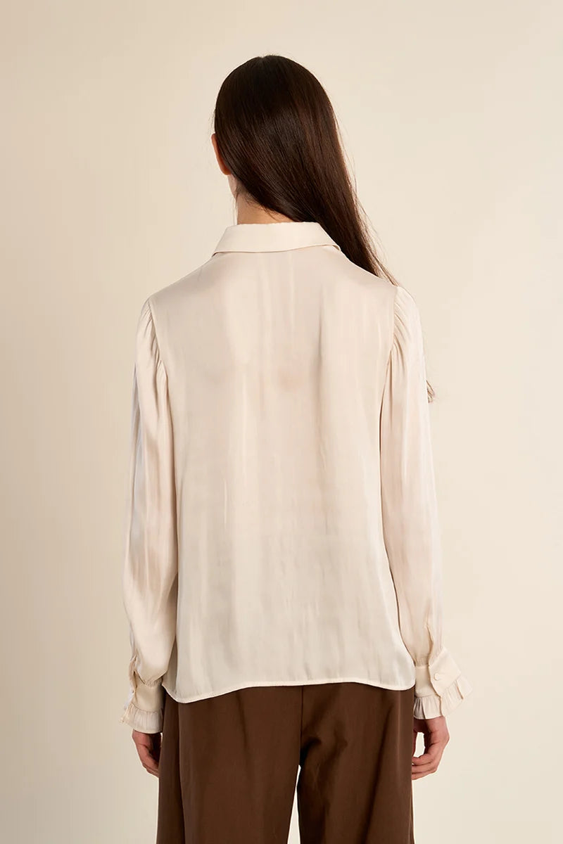 Button Front Satin Blouse with Ruffle Trimmed Cuff