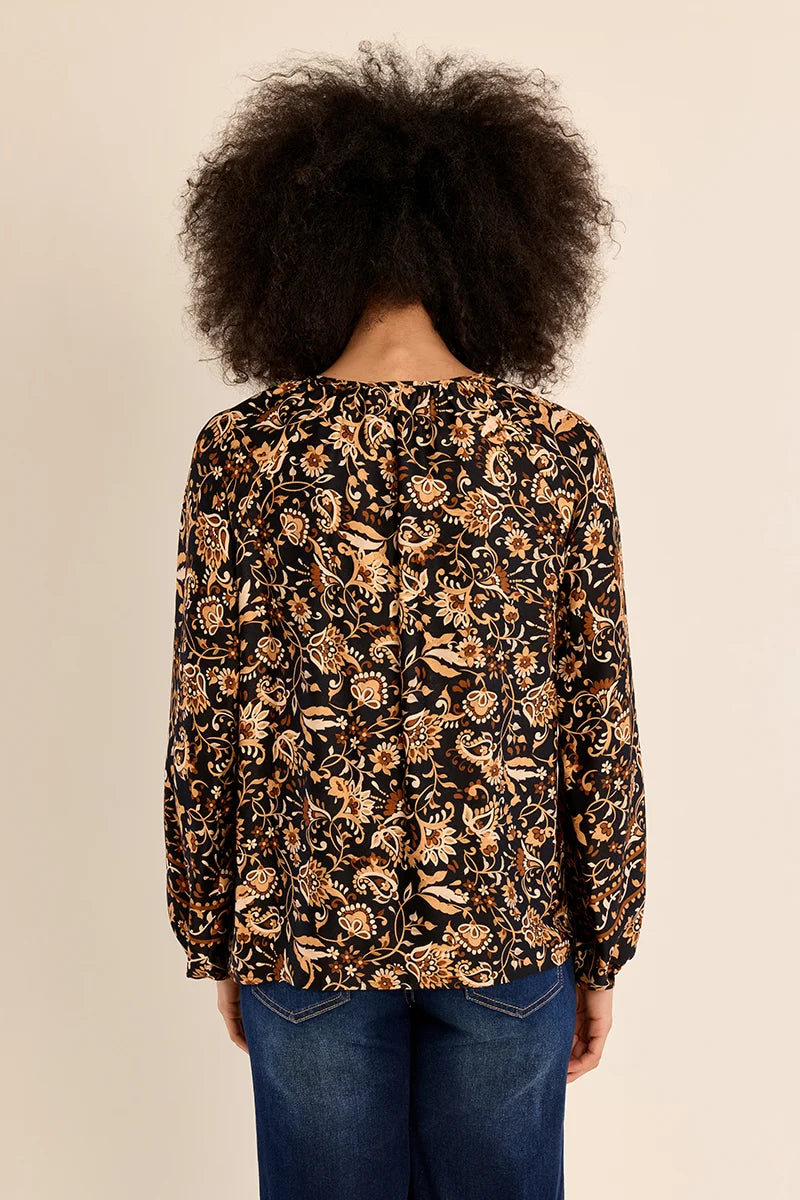 Floral Printed Long Sleeve Blouse with Tie Neck
