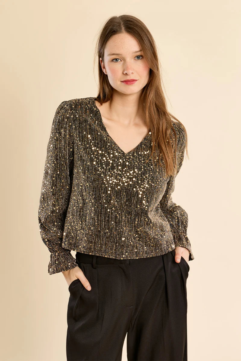 Rhinestone V-Neck Blouse