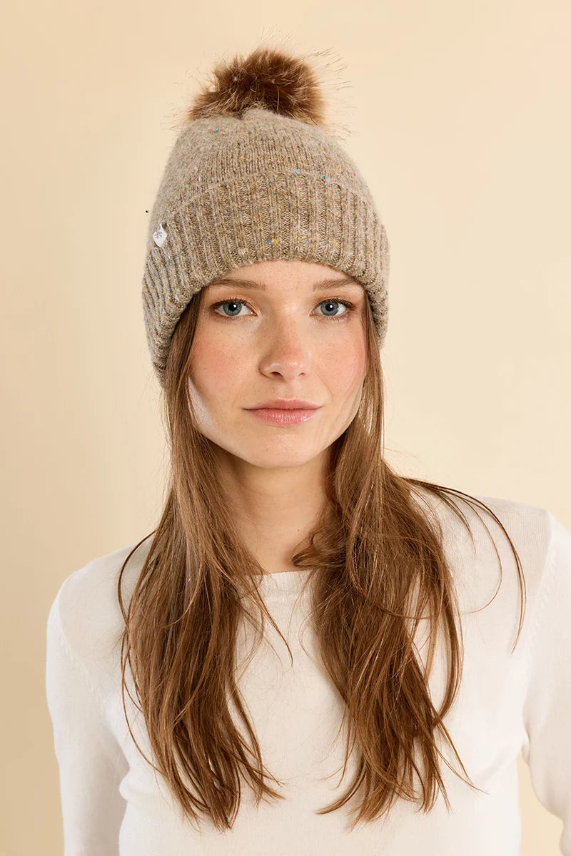 Knitted Hat with Speckles and Pompom