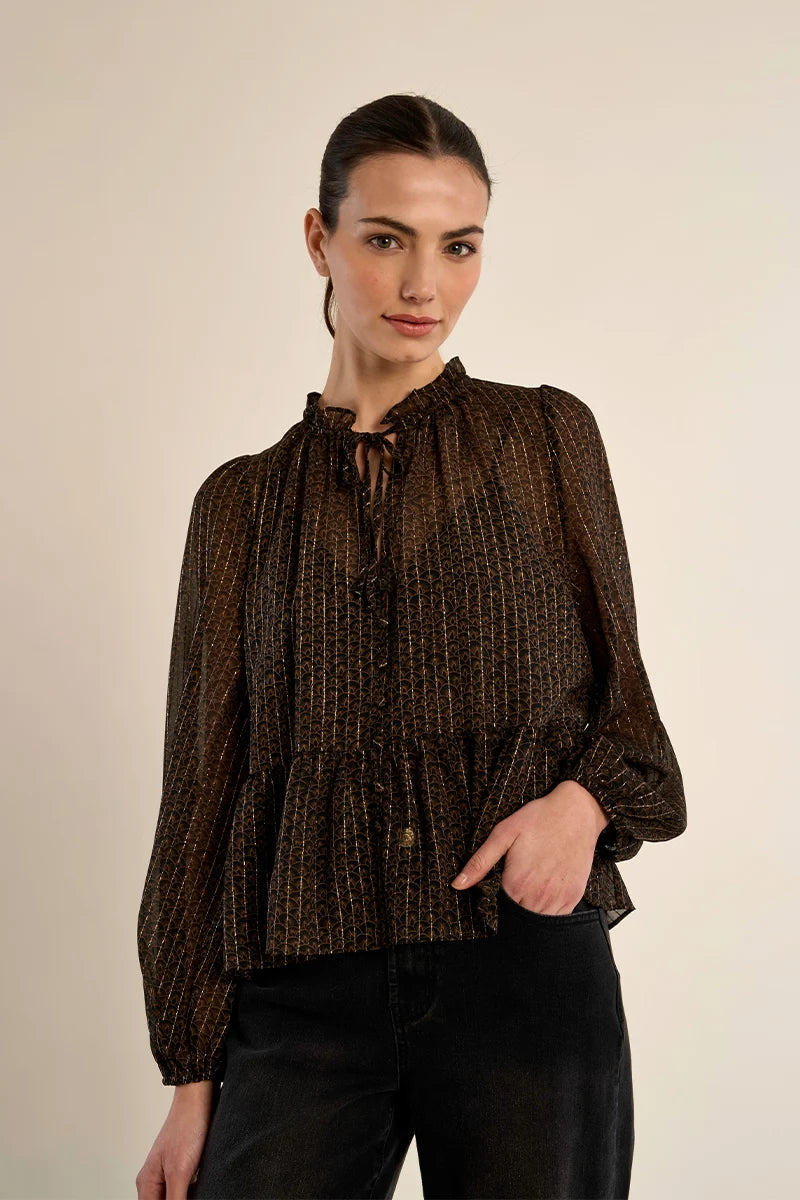 Semi-Sheer Ruffled Blouse with Tie Neck