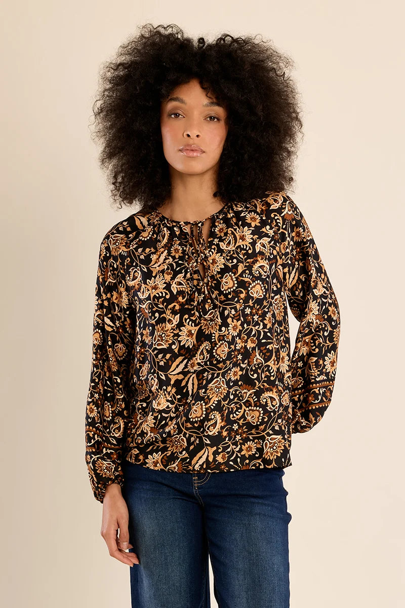 Floral Printed Long Sleeve Blouse with Tie Neck