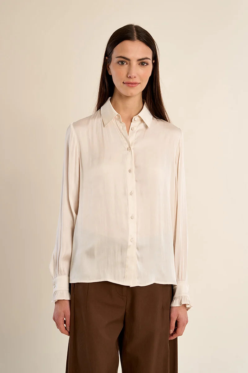 Button Front Satin Blouse with Ruffle Trimmed Cuff