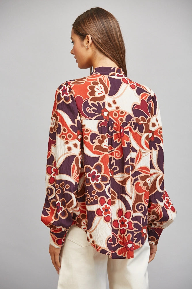 Abstract Floral Print Stand-Up Collar Button Down Top