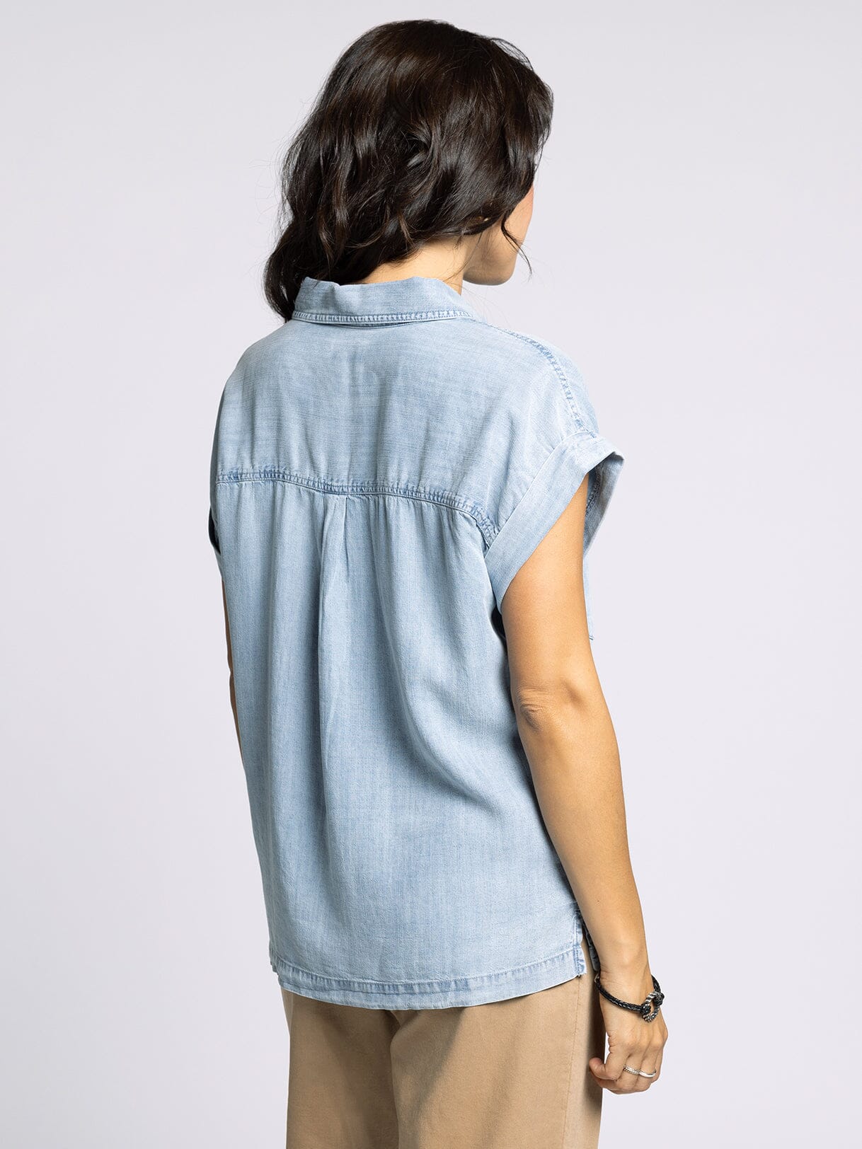 Short Sleeve Tencel Half Button Down Top