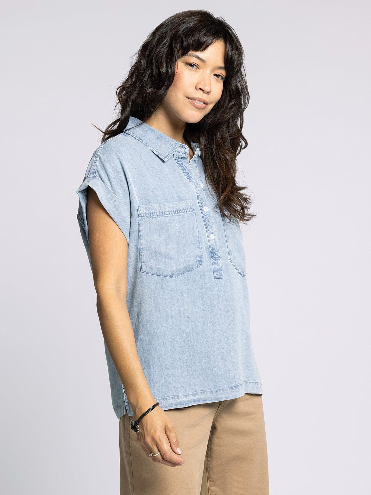 Short Sleeve Tencel Half Button Down Top