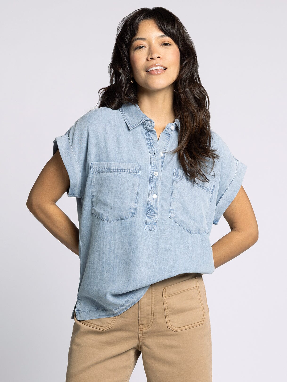 Short Sleeve Tencel Half Button Down Top
