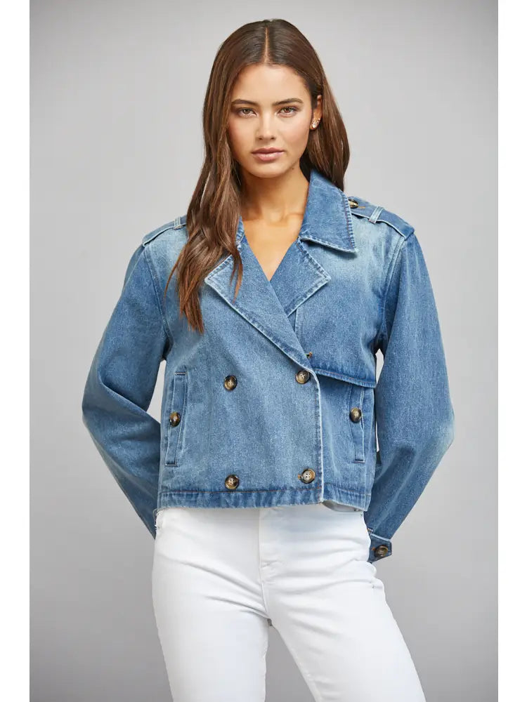 Cotton Double Breasted Crop Denim Jacket