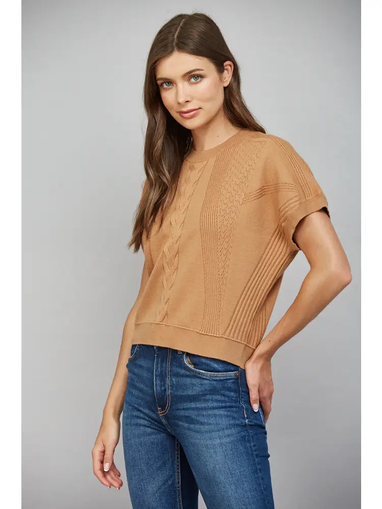 Mixed Knit Short Sleeve Sweater