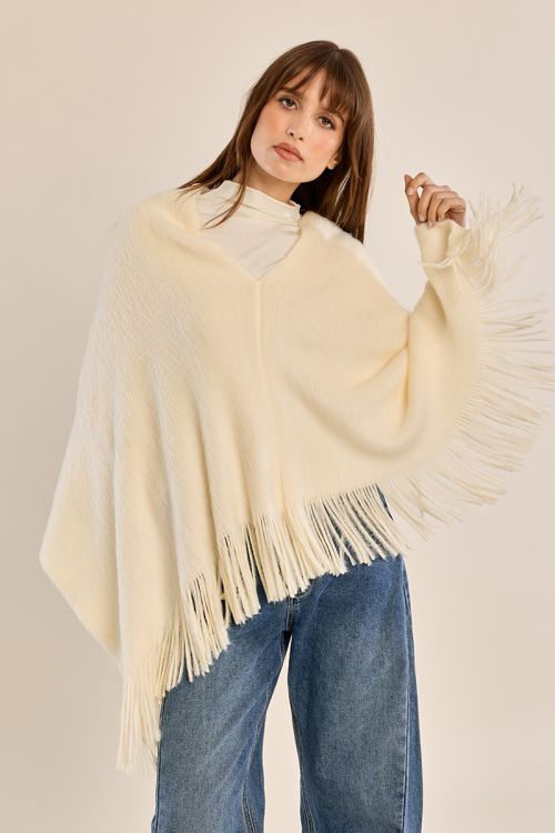 Brush Knit Fringed Poncho