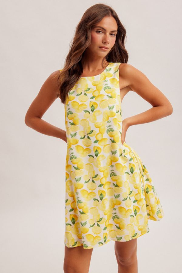 Linen Blend Lemon Print Dress with Open Back Detail Lemon / L Linen Blend Lemon Print Dress with Open Back Detail Lemon / L