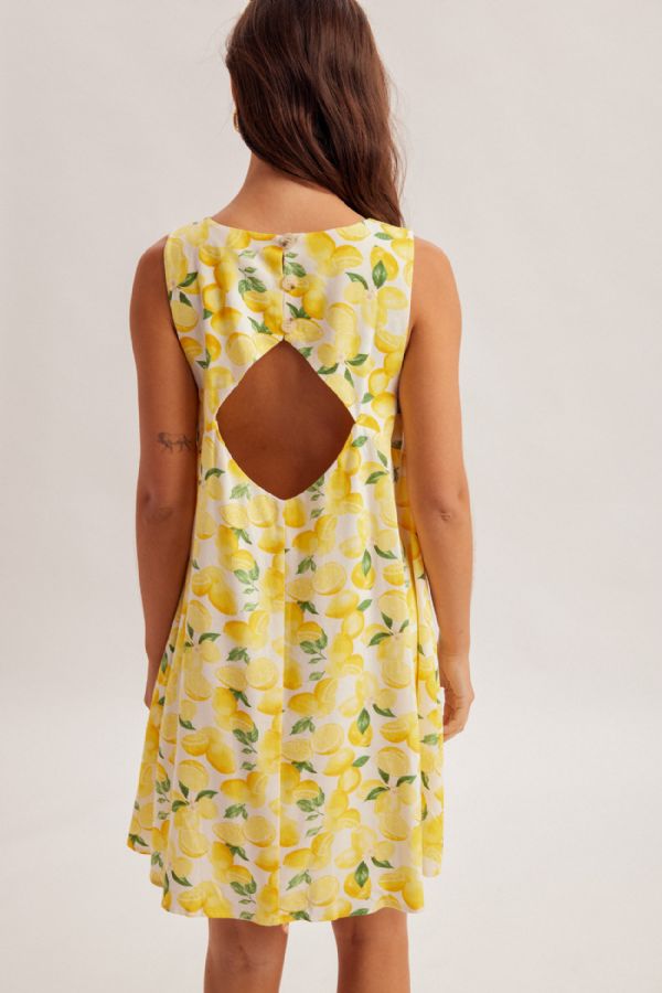 lemon print dress Linen Blend Lemon Print Dress with Open Back Detail Lemon / L
