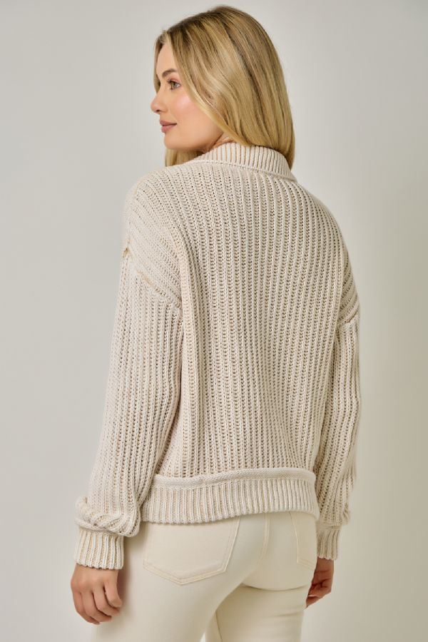 Cotton Washed Ribbed Zip Up Sweater