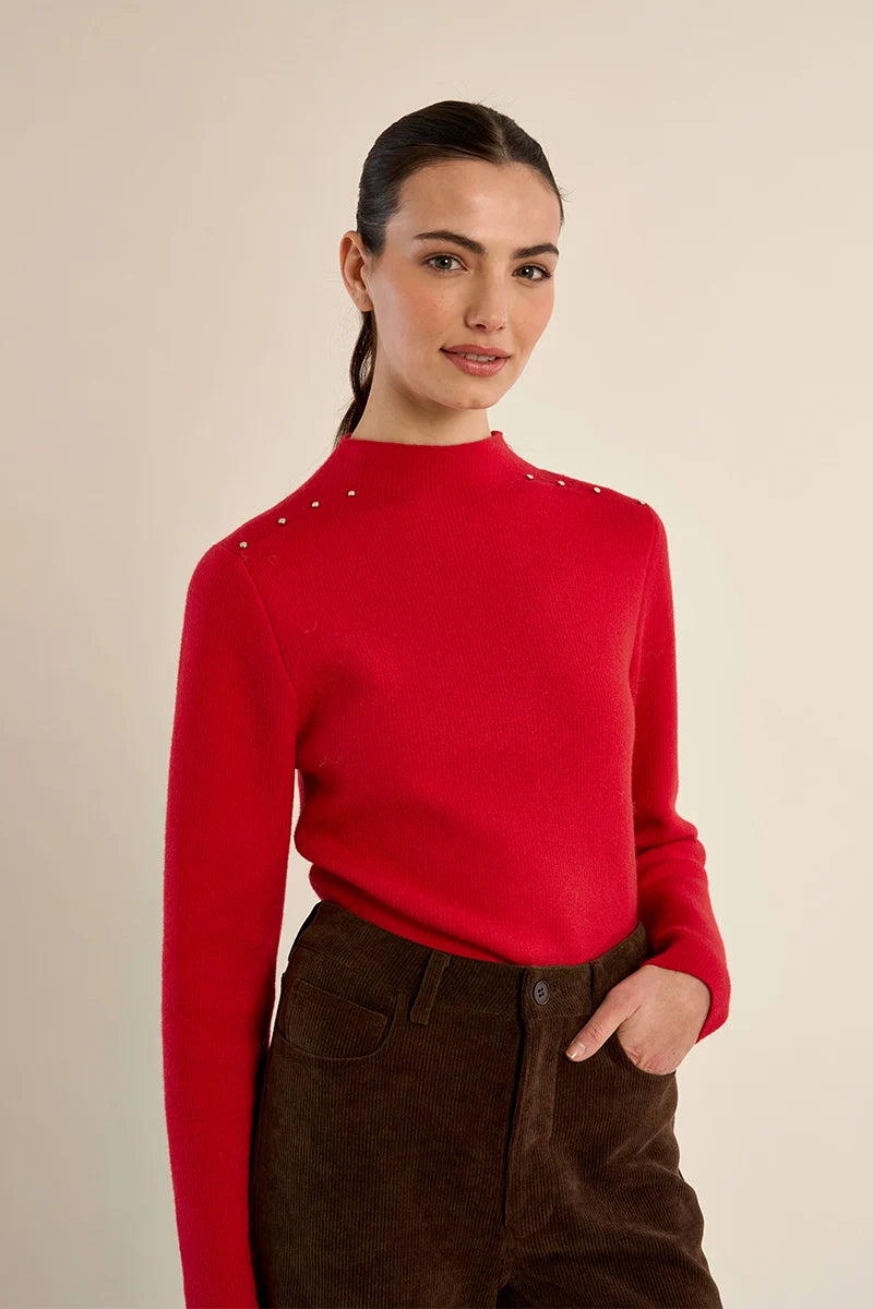 Studded Fine-Knit Sweater with Stand-Up Collar