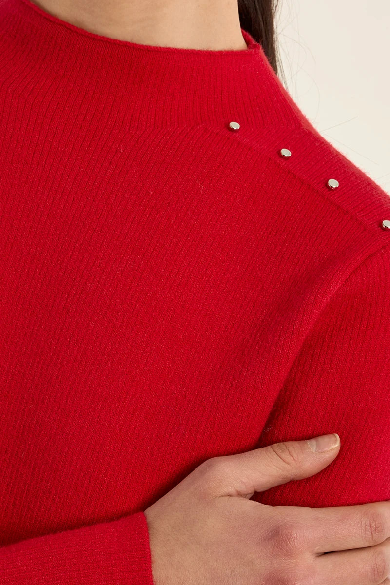 Studded Fine-Knit Sweater with Stand-Up Collar