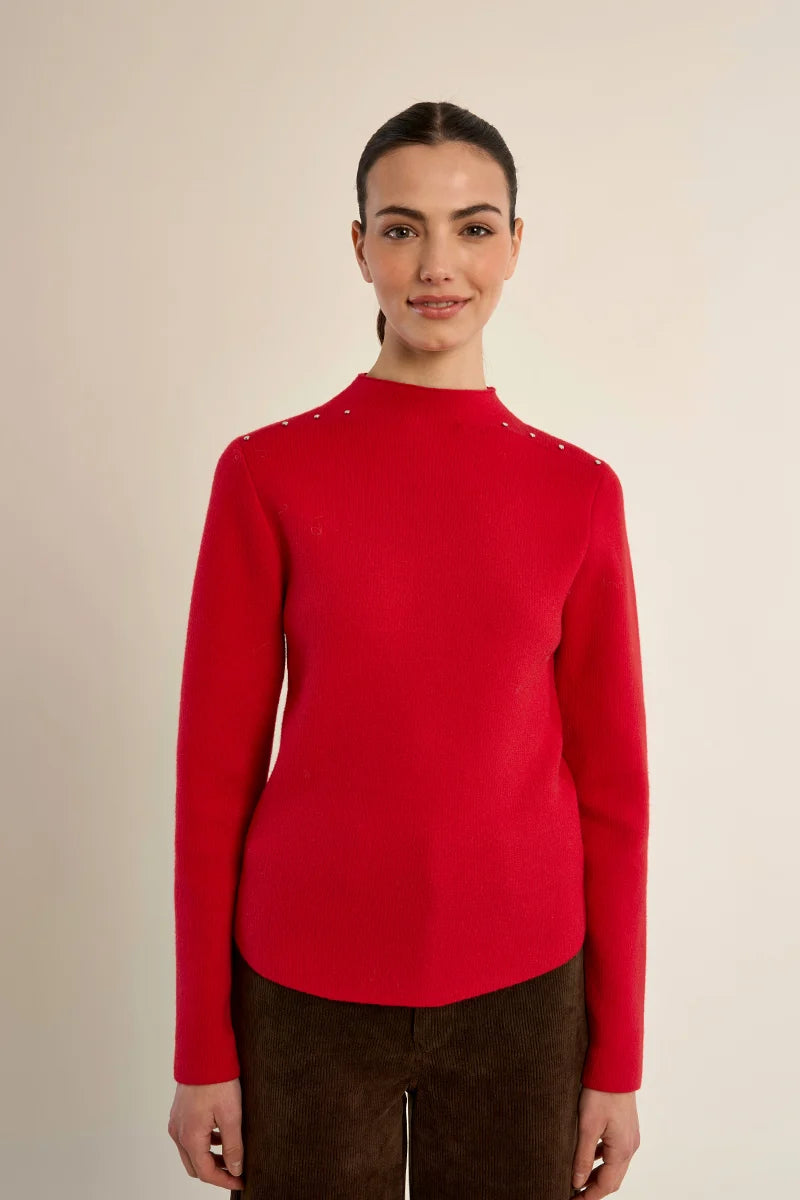 Studded Fine-Knit Sweater with Stand-Up Collar