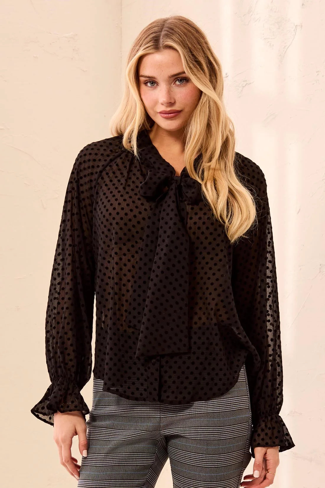MB Long Sleeve Button Front Blouse with Tie