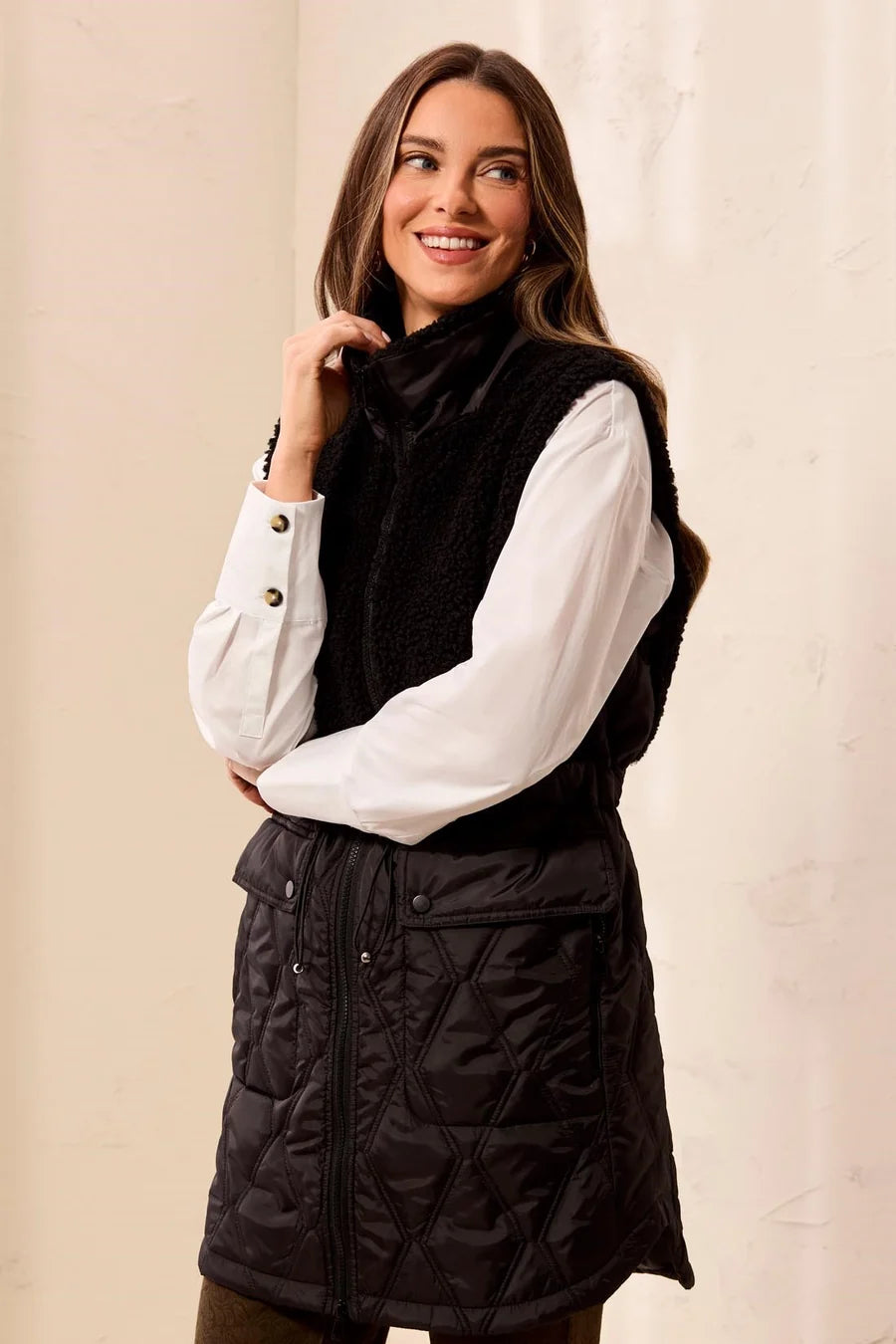 MB Sherpa Mixed Media Vest with Waist Pulls